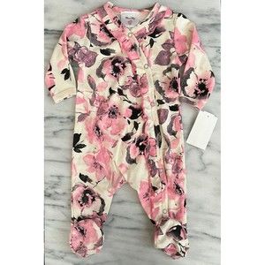 Mad Sky Baby Girls Footed One Piece sz 6M Pink Floral Ruffle Snap Closure
